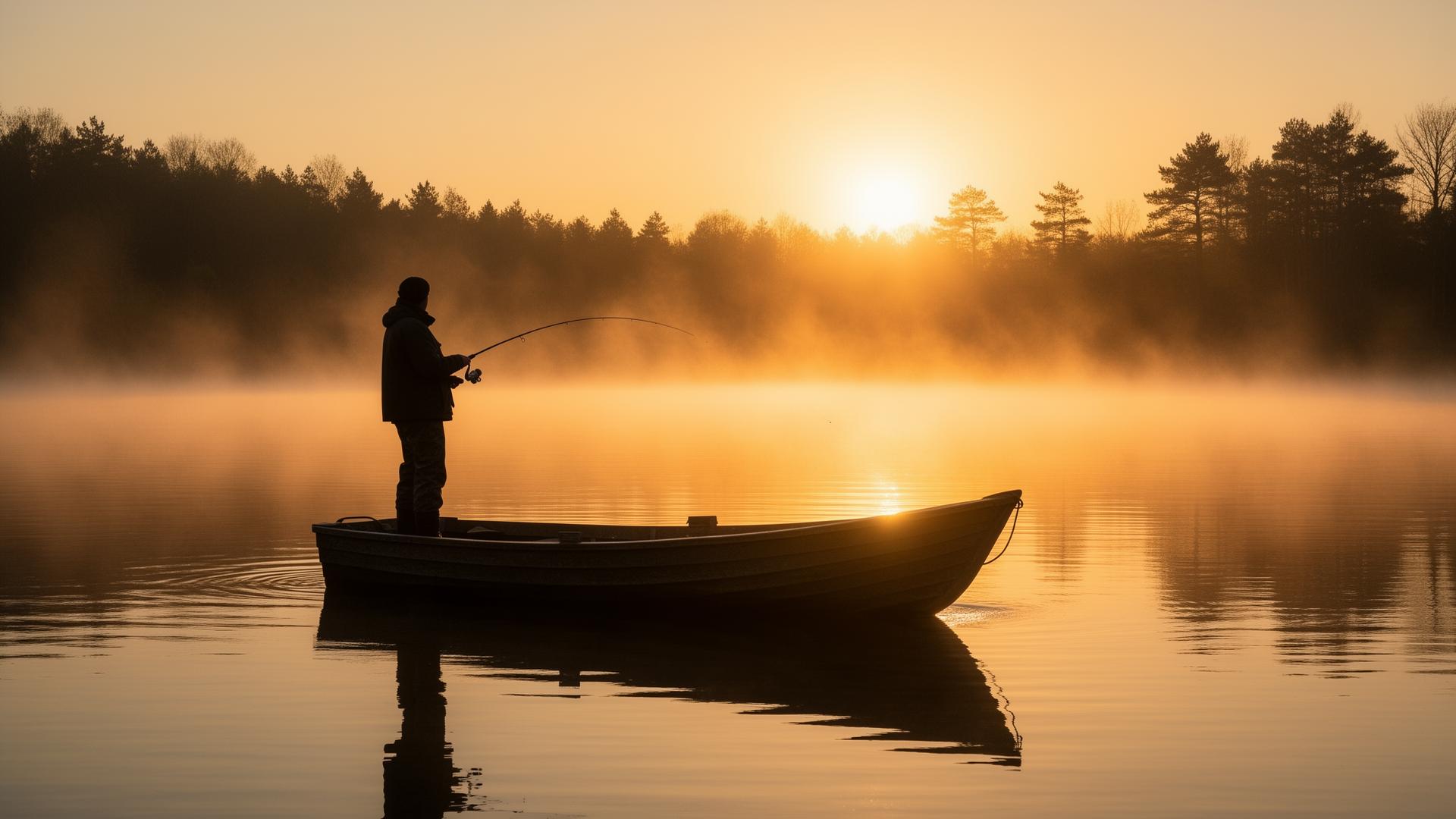 Angler im Boot bei Sonnenaufgang am See
